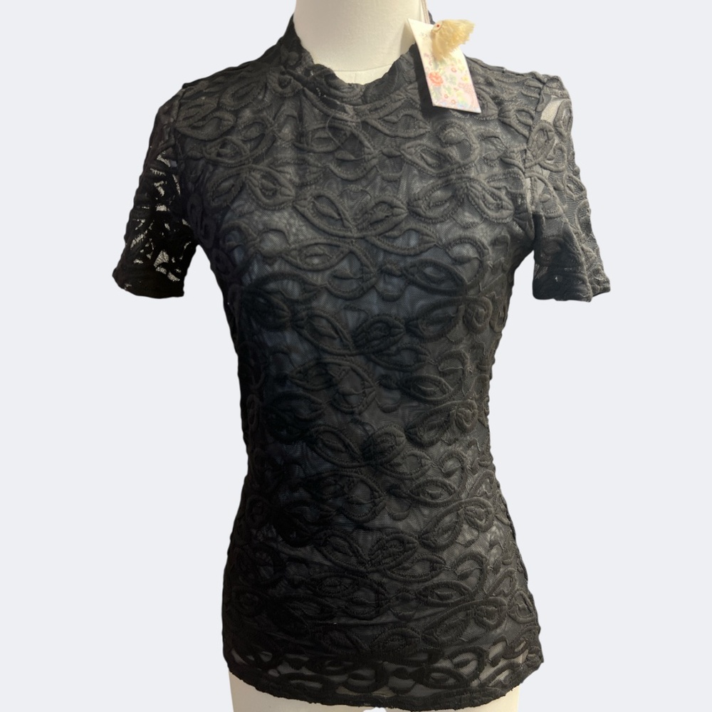 JOHNNY WAS‎ JADE TOP Black XS Embroidered ASTRID Mesh Lace Short Sleeve Pullover